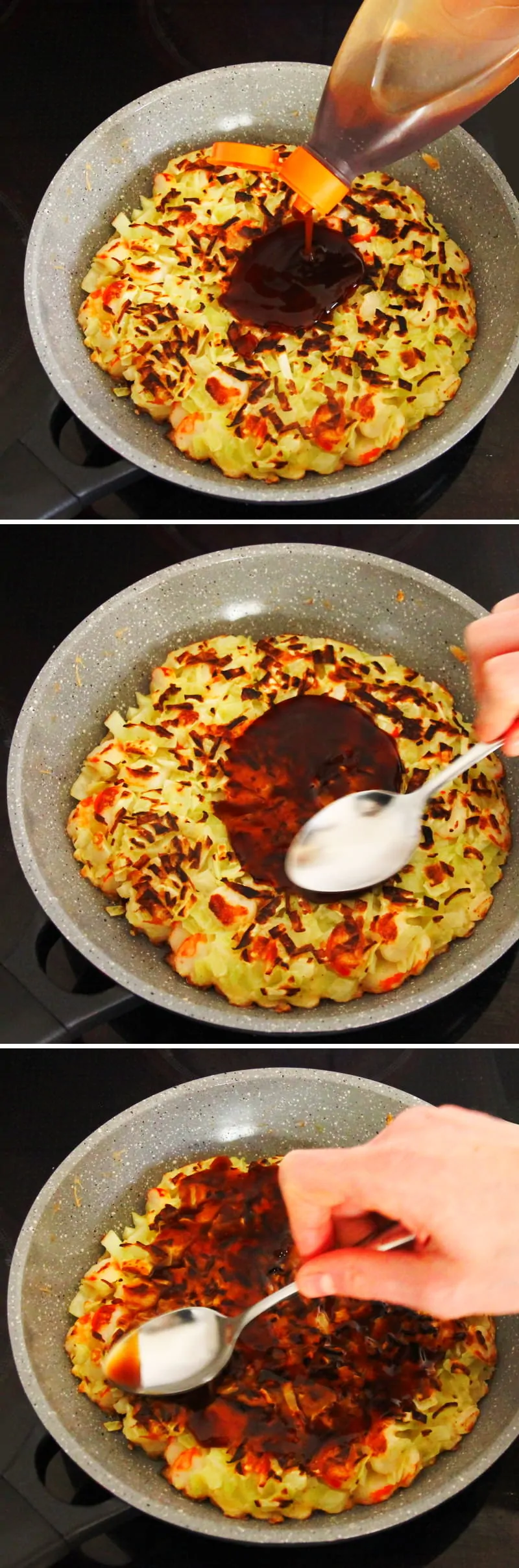 Grundrezept Okonomiyaki Schritt 8 Teig mit Sauce bestreichen
