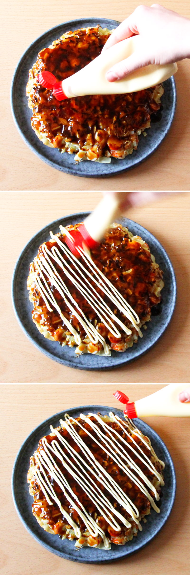 Grundrezept Okonomiyaki Schritt 9 Teig mit Mayonnaise verzieren