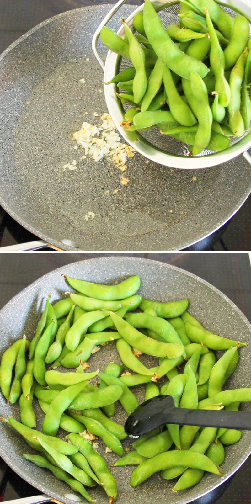 Edamame mit Chiliöl und Knoblauchflocken Schritt 6 Edamame braten