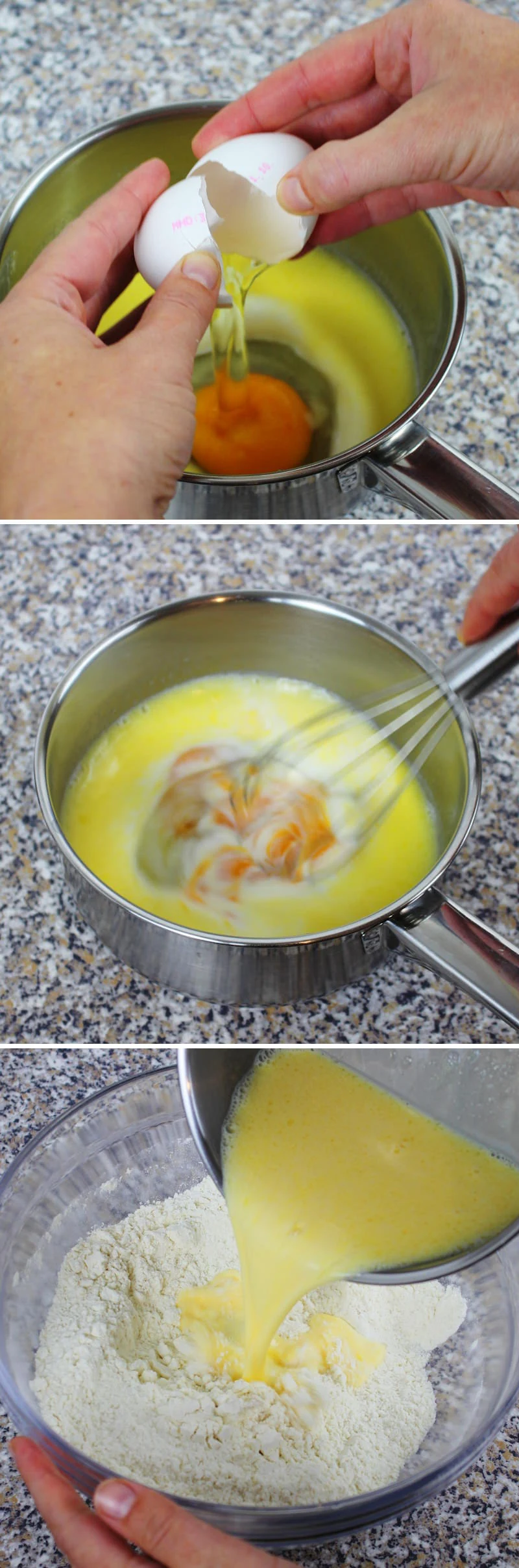 Melonpan Schritt 4 Buttermilch und Ei zum Mehl geben