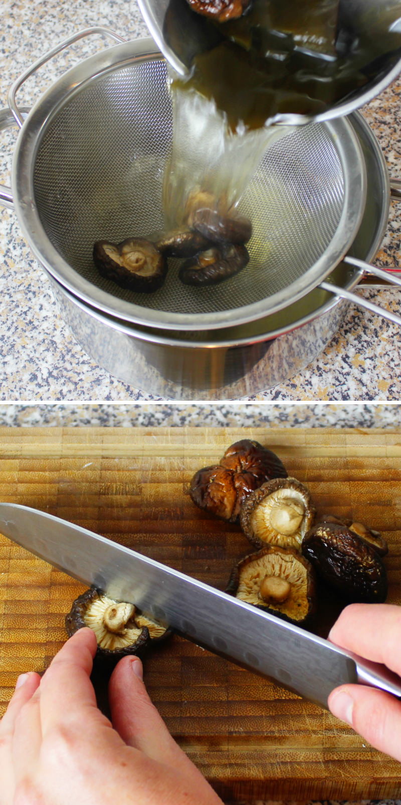 Ozoni Schritt 8 Dashi abgießen und Shiitake schneiden