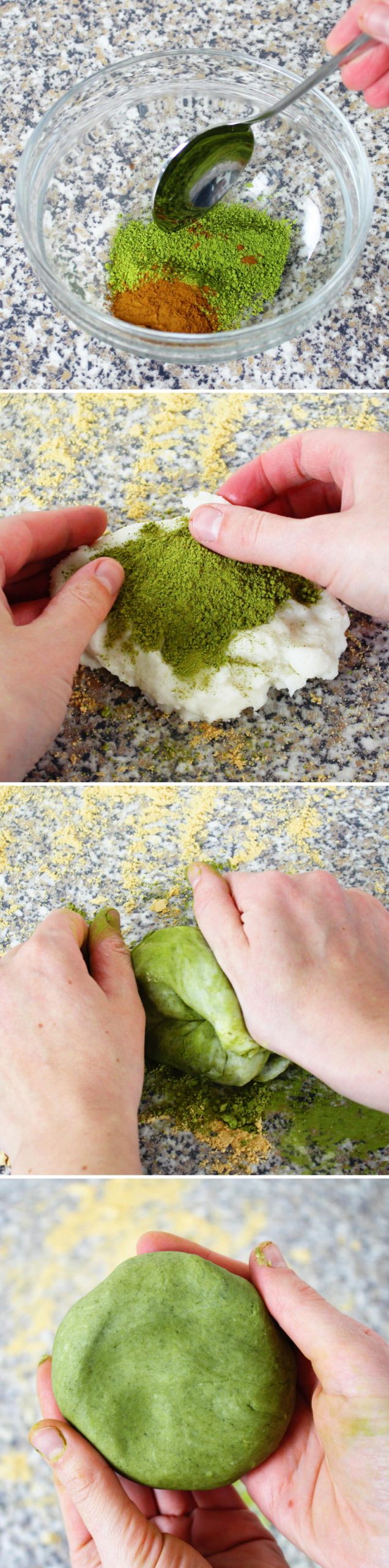 Nama Yatsuhashi Schritt 8 Matcha-Zimt in Teig einkneten