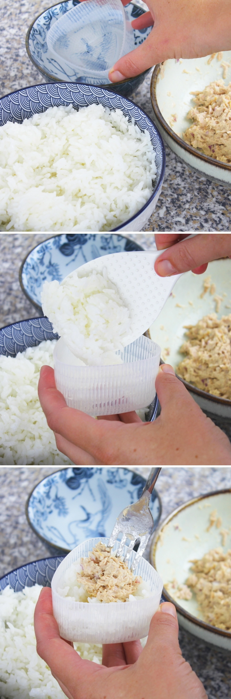 Onigiri mit Thunfisch-Mayonnaise-Salat Schritt 5 Reisdreieck formen und füllen