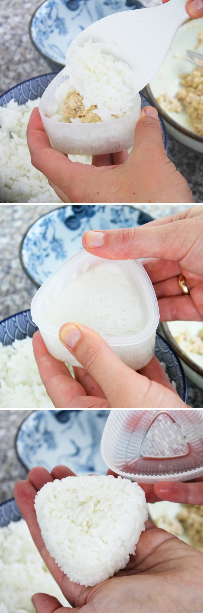Onigiri mit Thunfisch-Mayonnaise-Salat Schritt 6 Reisdreieck formen und füllen