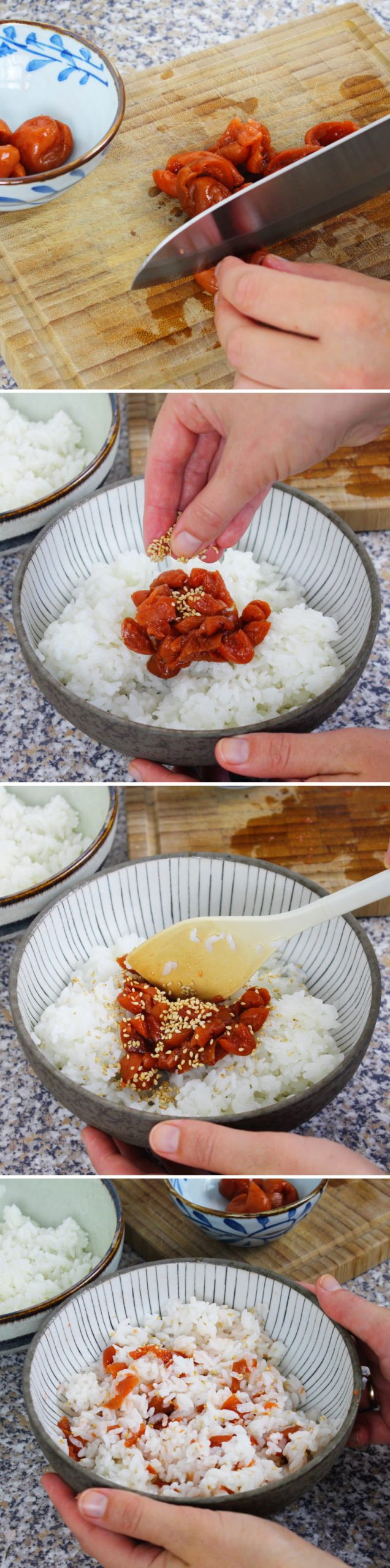 Onigiri mit Ume Schritt 5 Reis mit gehackter Umeboshi würzen