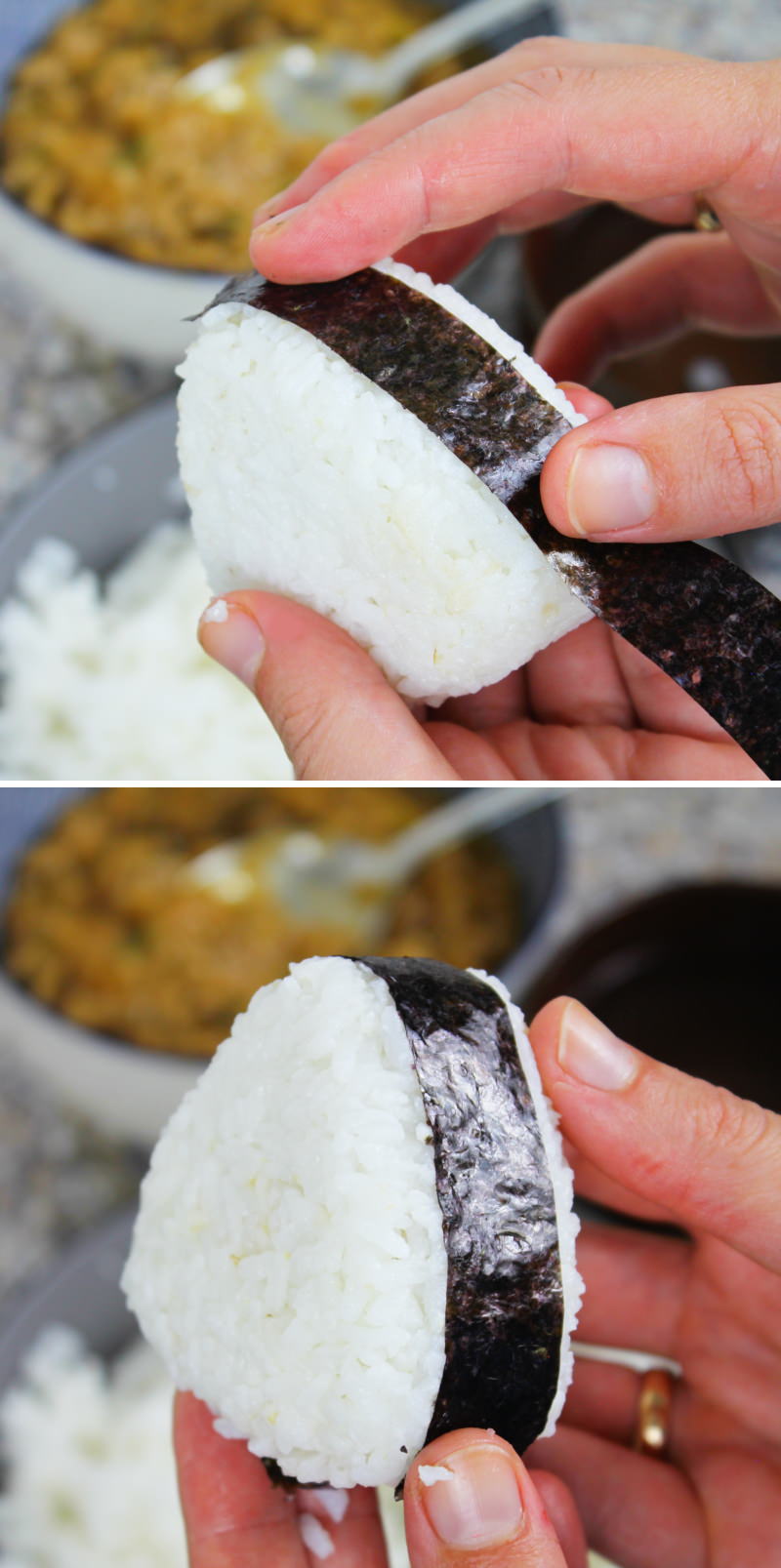 Onigiri mit ingwer-Miso-Hackfleisch Schritt 9 mit Nori umwickeln