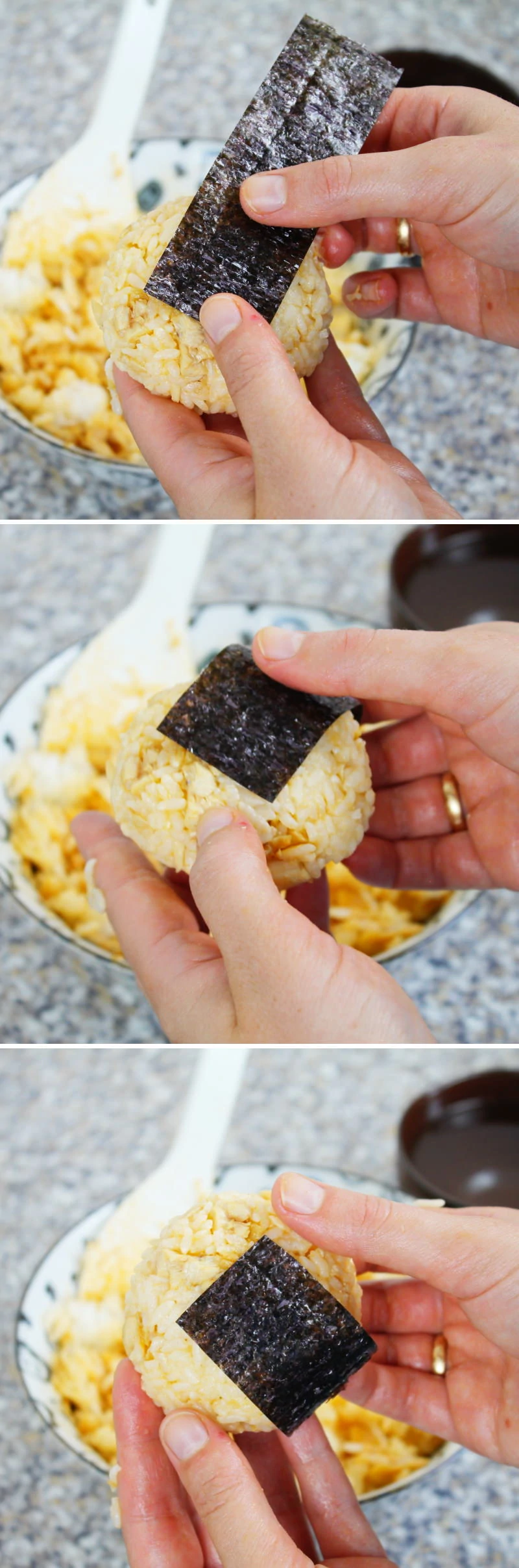 Onigiri mit Chicken Teriyaki Schritt 12 Reisbällchen mit Nori umwickeln