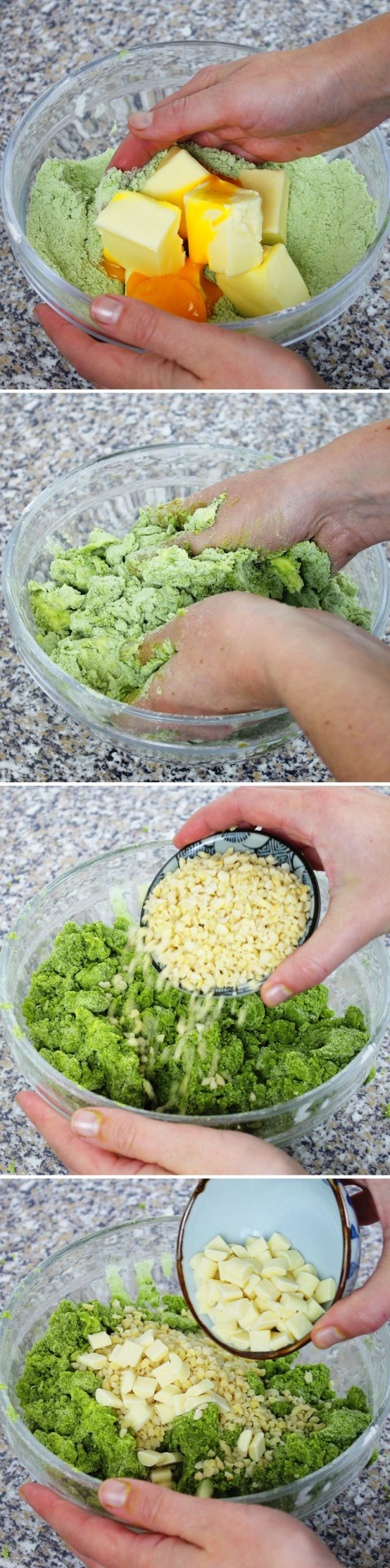 Matcha Cookies Schritt 5 Teig mit Mandeln und Schokolade mischen