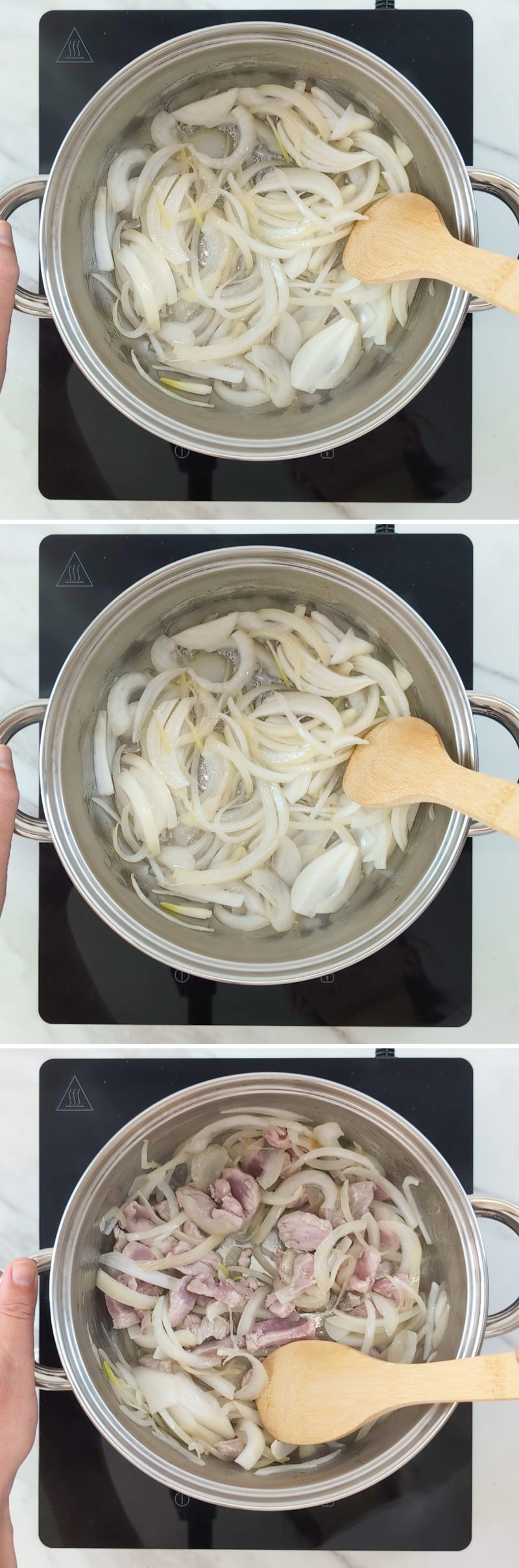 Curry Udon Schritt 4 Zwiebeln und Fleisch anbraten